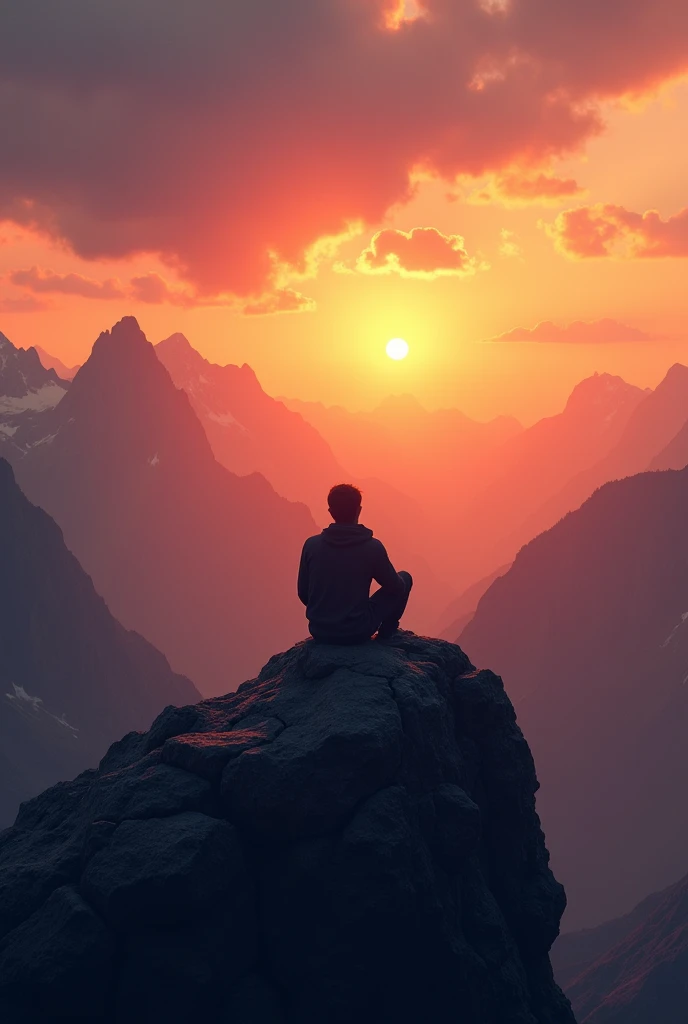 Man from behind watching the sunset on a mountain sitting on top of a rock 