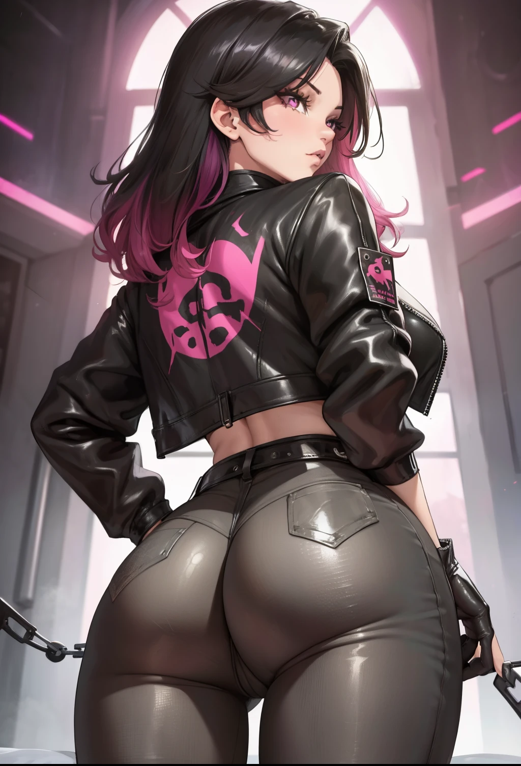 work of art, A beautiful girl, shiny pink eyes, big fit ass leg thighs, waist long, big fit ass , Legs long, black jacket with spikes, microbiquini, black jeans with chains, glitters and effects, black gloves without fingertips, vred, Waist slender, short abdomen, return to viewer, photo from bottom to top
