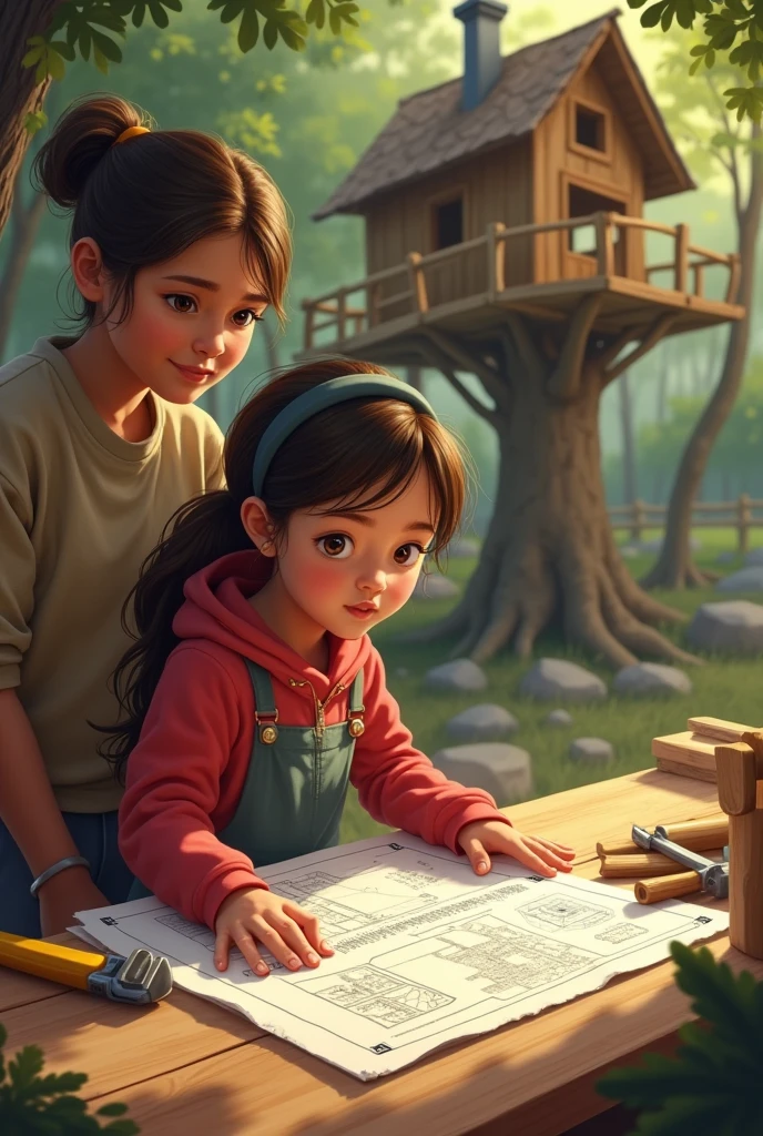 Learning from Mistakes:

Prompt: "The girl studying a blueprint or instruction manual, with a focused expression. Around her are the tools and the partially constructed treehouse. A supportive adult or friend might be giving advice, with a warm and encouraging atmosphere.