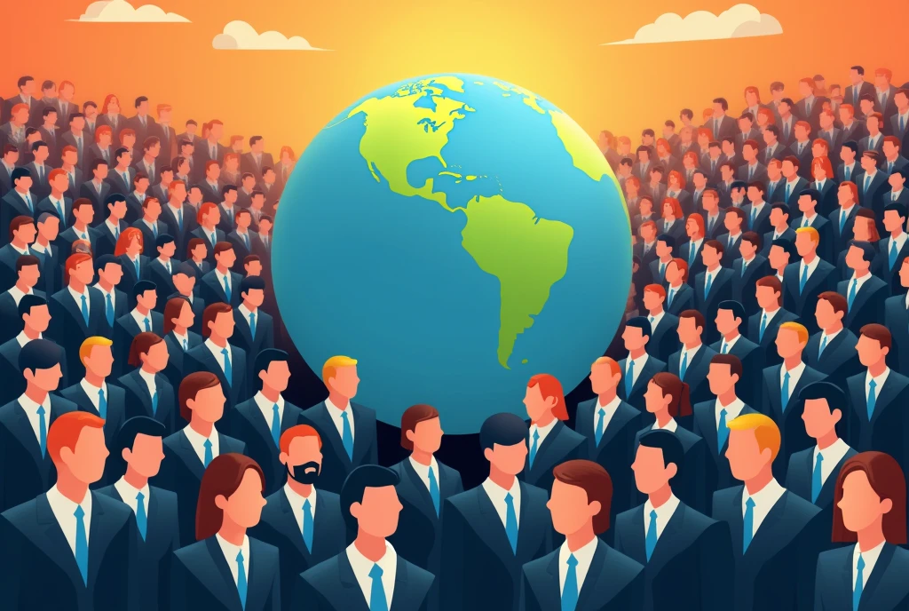 the earth surrounded by lots of men and women dressed in suits, flat design, colourful