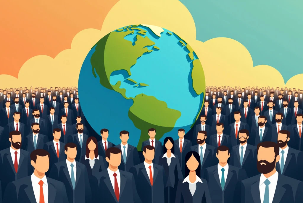 the earth surrounded by lots of men and women dressed in suits, flat design， colourful