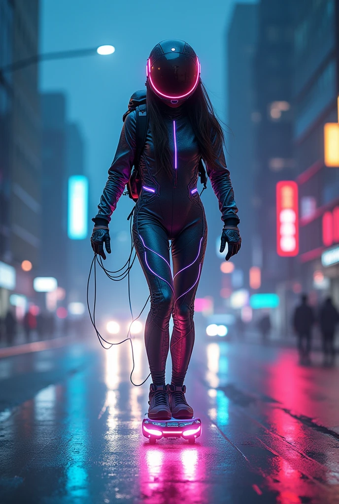 photorealistic in the future world of a{girl going to campus wearing futuristic glowing sci-fi bodysuit, wired connected to her gadget in hand, riding an hover_jet board flying in the street}futuristic cybernetic helmet(half face helmet) with all cables connected in her backpack, dynamic cinematic motion{light flash trail behind her}amazing interstellar background, front view, low angle shot, slow shutter shot F/1.3 ISO 200