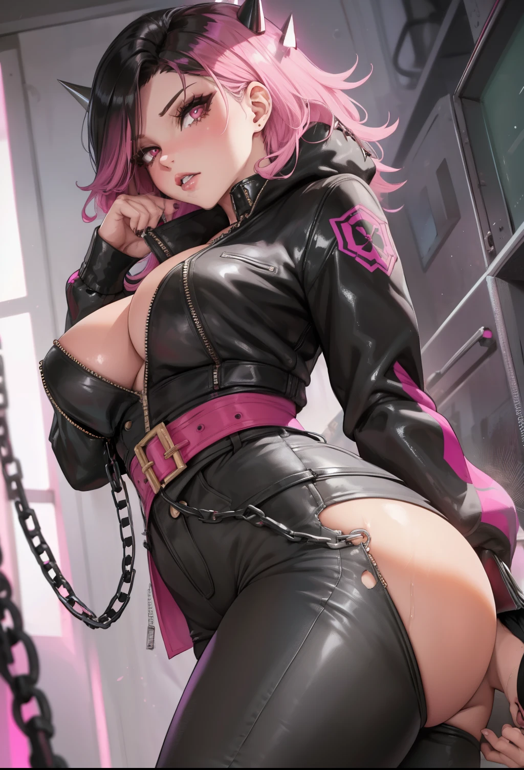 work of art, A beautiful girl, shiny pink eyes, big fit ass leg thighs, waist long, big fit ass , Legs long, black jacket with spikes, microbiquini, black jeans with chains, glitters and effects, black gloves without fingertips, vred, Waist slender, short abdomen, return to viewer, photo from bottom to top
