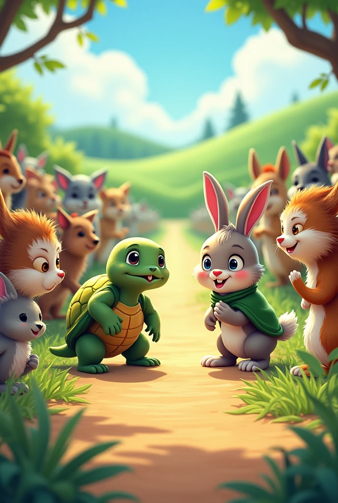 The turtle and rabbit stand at the starting line, surrounded by curious animals. The rabbit, confident and boastful, challenges the turtle to a race.