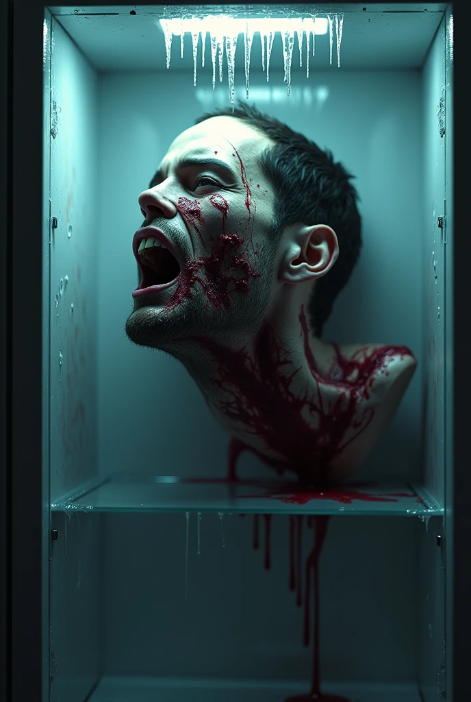 A bloody and gory decapitated head in refrigerator freezer, nightmare 