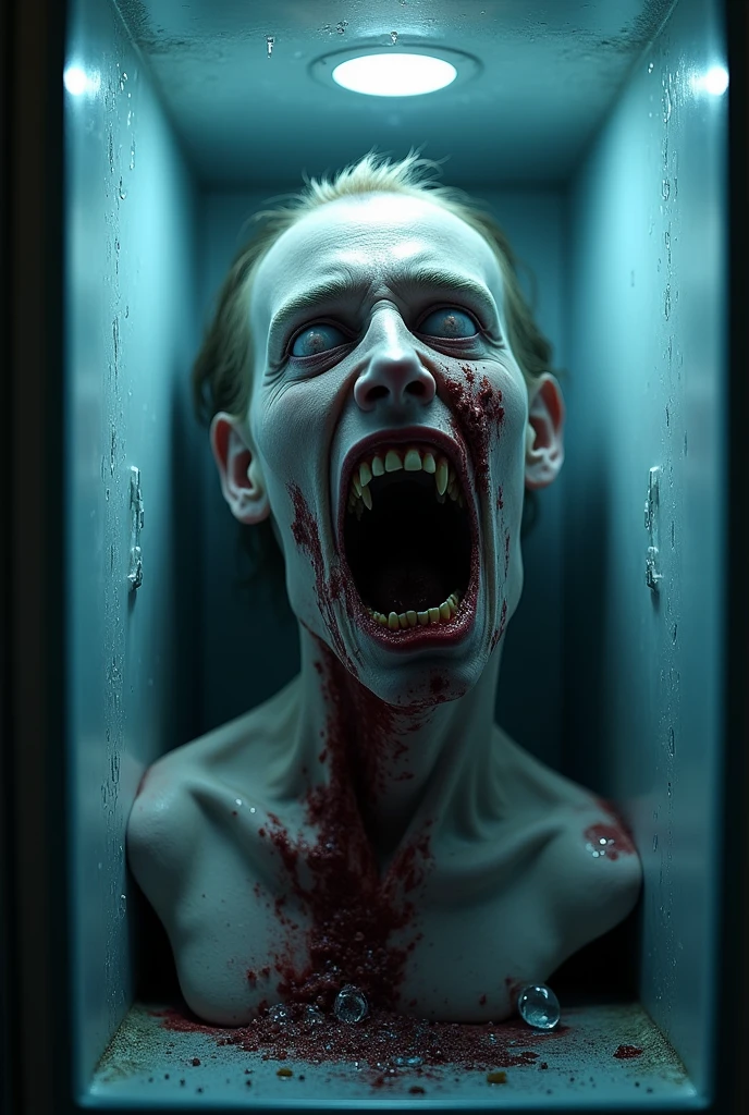 A bloody and gory decapitated head in refrigerator freezer, nightmare