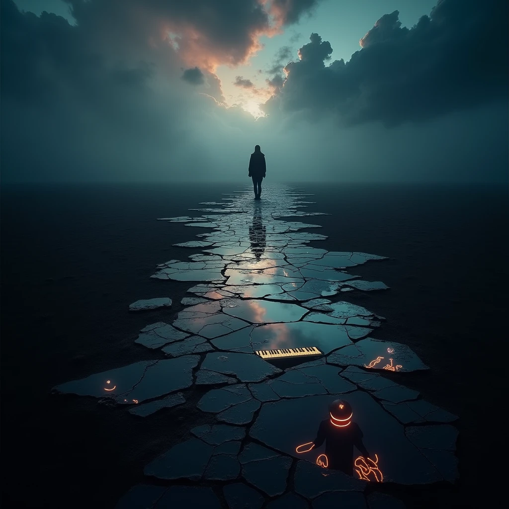 Create a deeply emotional and visually striking album cover that embodies the themes of self-discovery, pain, betrayal, and resilience found in the songs 'ALMA QUEBRADA,' 'LUXURIA,' 'LOLITO,' 'VIDA EM PEDAÇOS,' 'EU NASCI ASSIM,' and 'MARCAS INVISÍVEIS.' The scene should feature a vast, dark landscape under a stormy, tumultuous sky. In the foreground, a shattered mirror or fragments of glass are scattered across the ground, each reflecting a different scene or emotion: a faint light breaking through heavy clouds, a lonely piano with keys illuminated by a soft glow, swirling neon lights suggesting the seductive allure of the night, and blurred, shadowy figures representing the pain of betrayal and the struggle for identity.
In the distance, a lone figure stands, partially obscured by mist, representing the internal journey and the invisible scars that remain. The sky above is a blend of deep blues, purples, and grays, with hints of dawn and neon light subtly breaking through, symbolizing hope amidst the darkness. Abstract waves of light and shadow intertwine throughout the image, connecting the various elements and evoking a sense of movement and emotional depth. The image should be free of any titles or text, allowing the visuals to fully convey the depth and complexity of the music.
