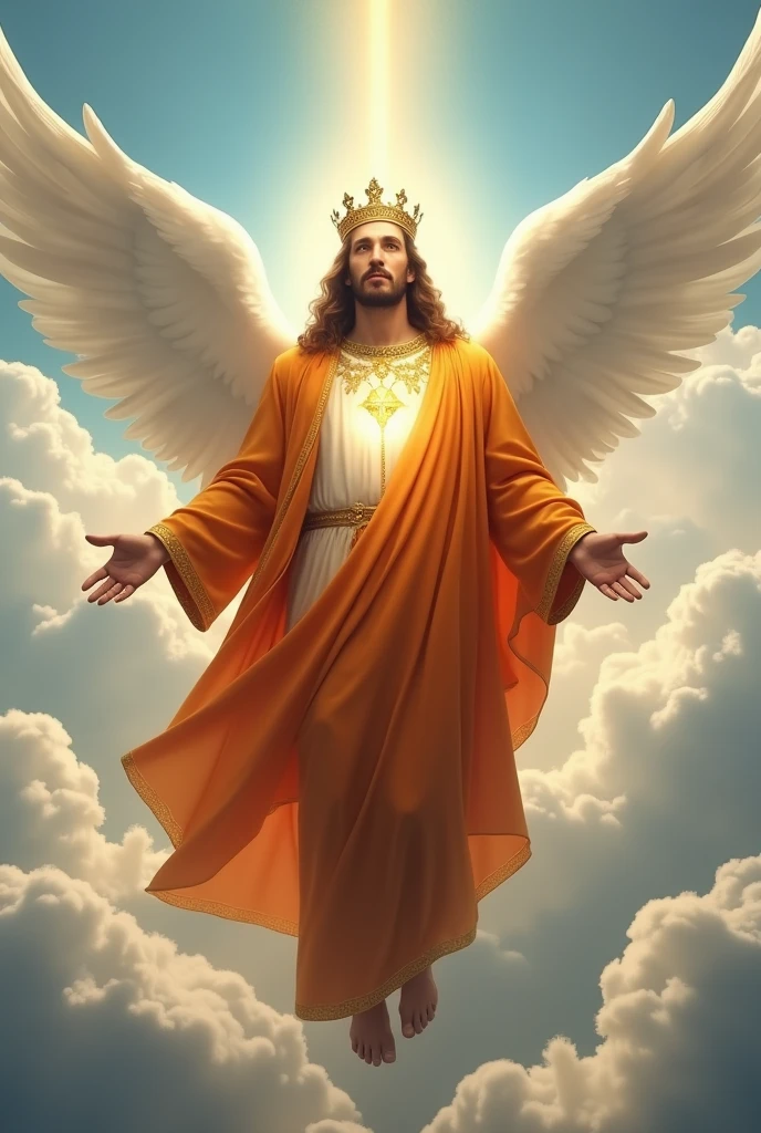(photorealism:1.2), handsome Jesus Christ, floating in the sky with bigger white wing behind, the light of his head and heart spread all over, wearing the king orange clothes and crown in the clouds of heaven, elegant king clothes, nice hair, outdoors, soft lighting, clouds and blue sky in a background, five fingers, two hands, brighter sunlight, perfect face, relaxed pose, realistic, intricate details, warm colors,