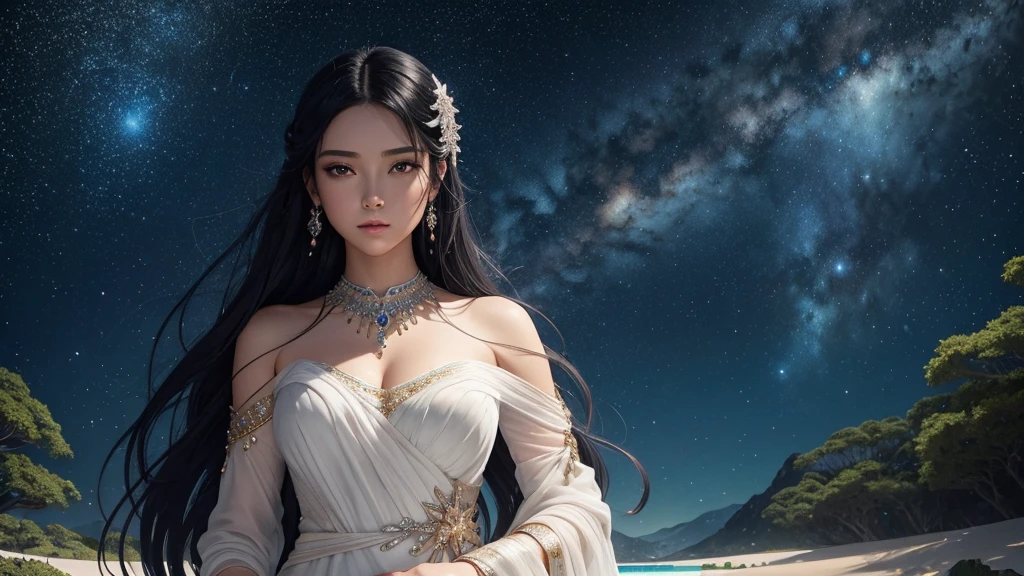 A stunning 8K cinematic anime-style illustration depicts a beautiful woman in ancient attire, standing on silver-white sand , a starry night sky. Her long, black hair is adorned with elegant hairpins, and her eyes are black like deep pools. She wears intricate white clothing, delicate white glowing clothes, accessorized with exquisite jewelry. The background highlights the vast universe with a galaxy of stars, while the surroundings include laurel trees. The atmosphere is calm and cool, with vibrant colors and intricate details, evoking a sense of high-quality, almost painterly, animation., vibrant, anime, painting, cinematic, illustration