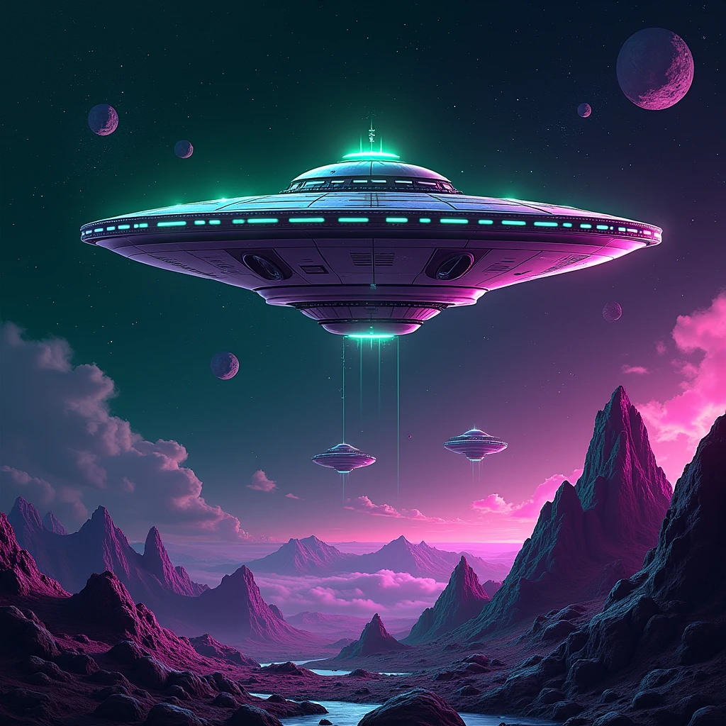 Outer space with neon green and violet tones, UFO , some asteroids shaped like weed buds