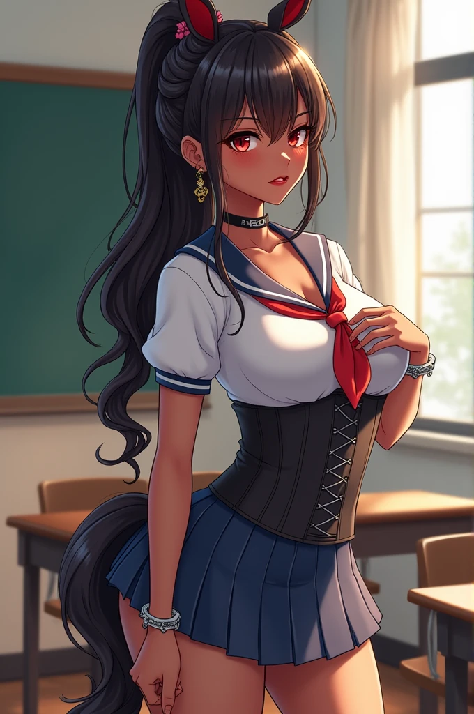Copy directions
(masterpiece:1.2、of the highest quality、Tmasterpiece)、1 female、alone、classroom、day、Stop、beauty、(rubio)、Horse tail、Red eyes、(oversized sailor suit:1.4)、 (Dark skin:1.4)、BREAK、big breasts、big ass、long sleeve、corset、earrings、lipstick、(shackles:1.2)、choker、mini skirt、blush、covered breasts、Bangs braids、(thick lips:1.2) 、big nipples、(breastfeeding through clothing:1.3)、(grab the chest:1.3)