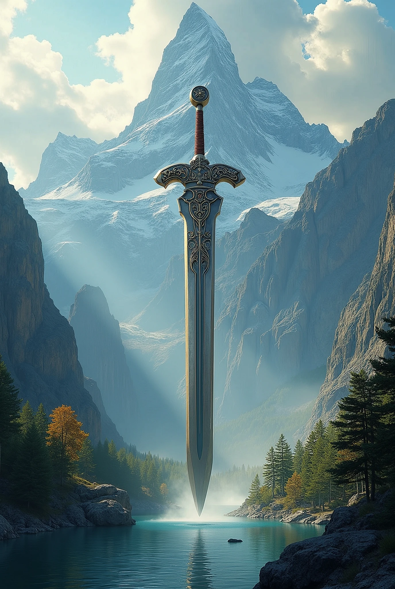 epic landscape of mountain , (A huge sword stuck in the mountain), (low angle:1.2), masterpiece, best quality, high quality, extremely detailed CG unity 8k wallpaper, outdoors, light penetrating through the cloud, cloud, day ,no human , mountain, landscape, water, tree, , cliff, nature, ,award winning photography, Bokeh, Depth of Field, HDR, bloom, Chromatic Aberration ,Photorealistic, extremely detailed, trending on art station, trending on CGsociety, Intricate, High Detail, dramatic, art by midjourney