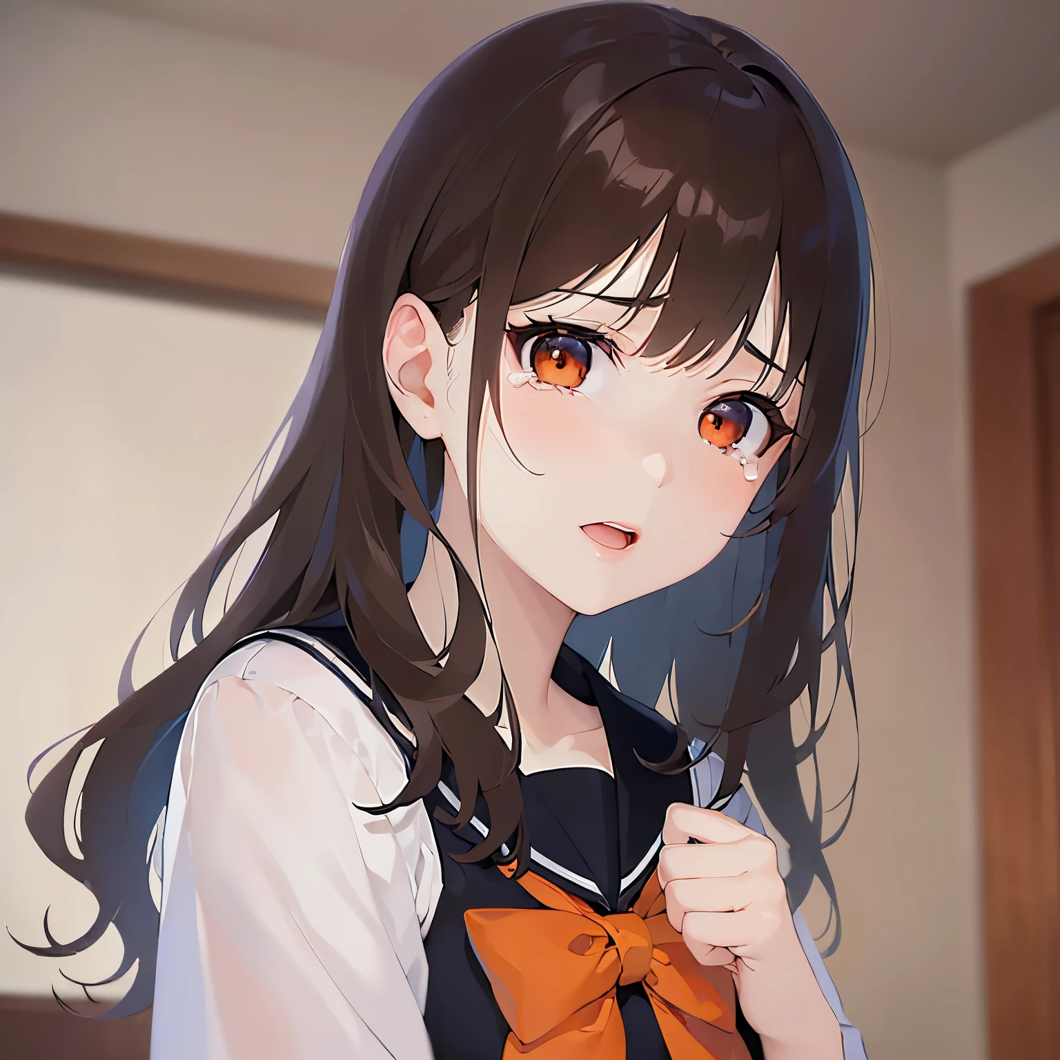 (looking at viewer:1.5)Upper Body, (wiping tears:1.2),Hands on cheeks、
Realistic, real person, (pale skin: 1.2), RAW photo, photorealistic, shiny skin, shiny hair、
(A 25-year-old woman with medium-length hair and bangs) and (wavy hair) and (brown hair) and (orange eyes),
Sailor suit、
open mouth,The background is the living room、(alone:1.5)