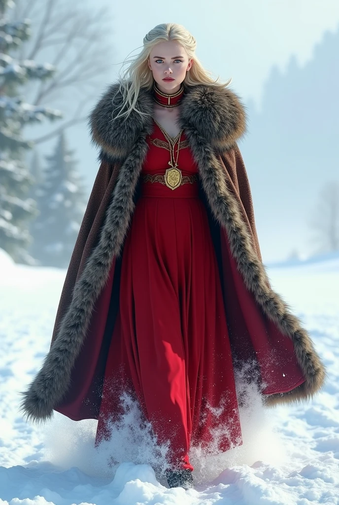 Create a young blonde-haired, blue-eyed Lannister woman wearing a red dress with a gold lion emblem and fur cape walking through the snow
