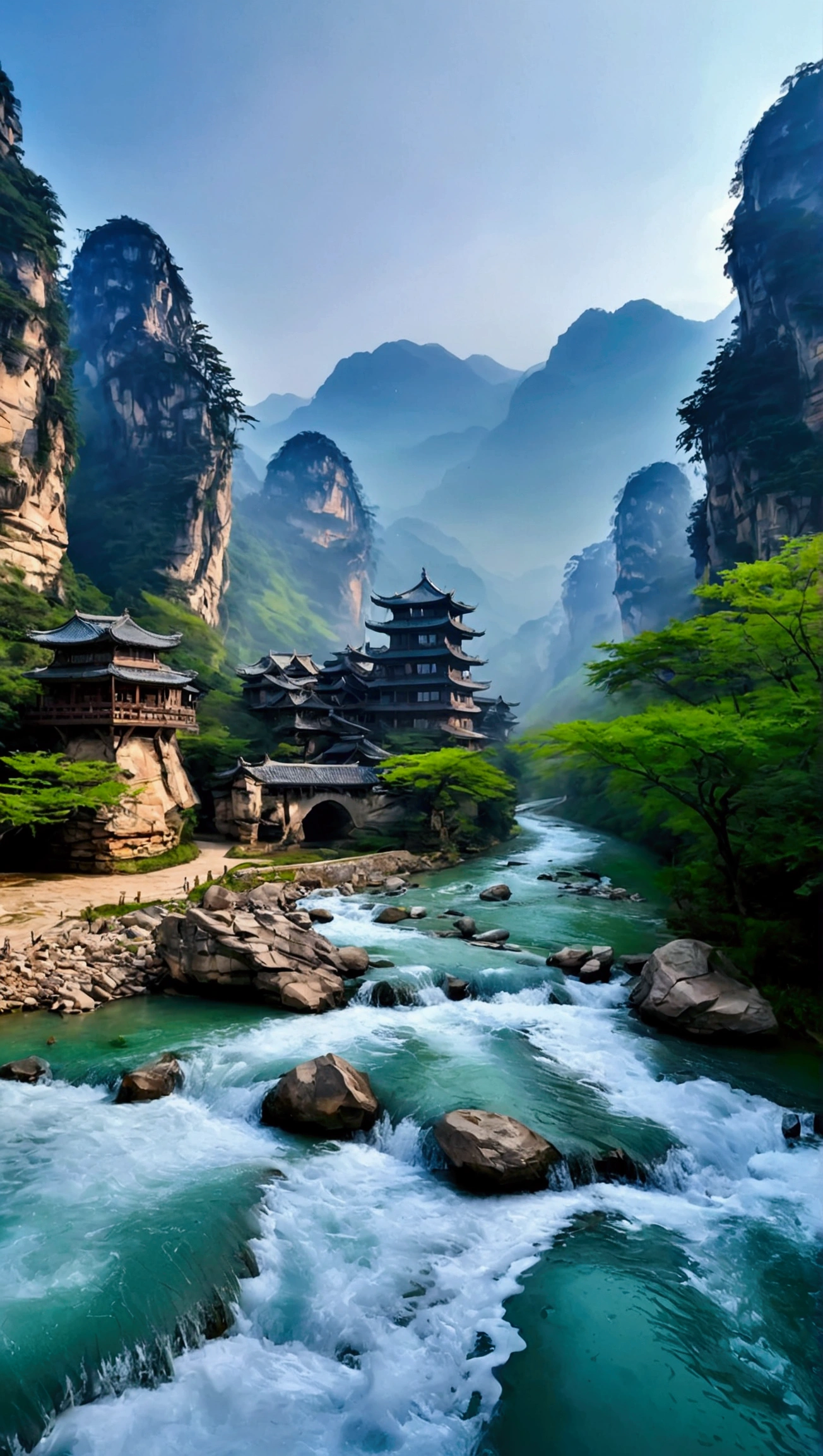 The stream is flowing,The stream is clear,Like Zhangjiajie Mountain,The mountains are cloudy,Real and natural,Real photography