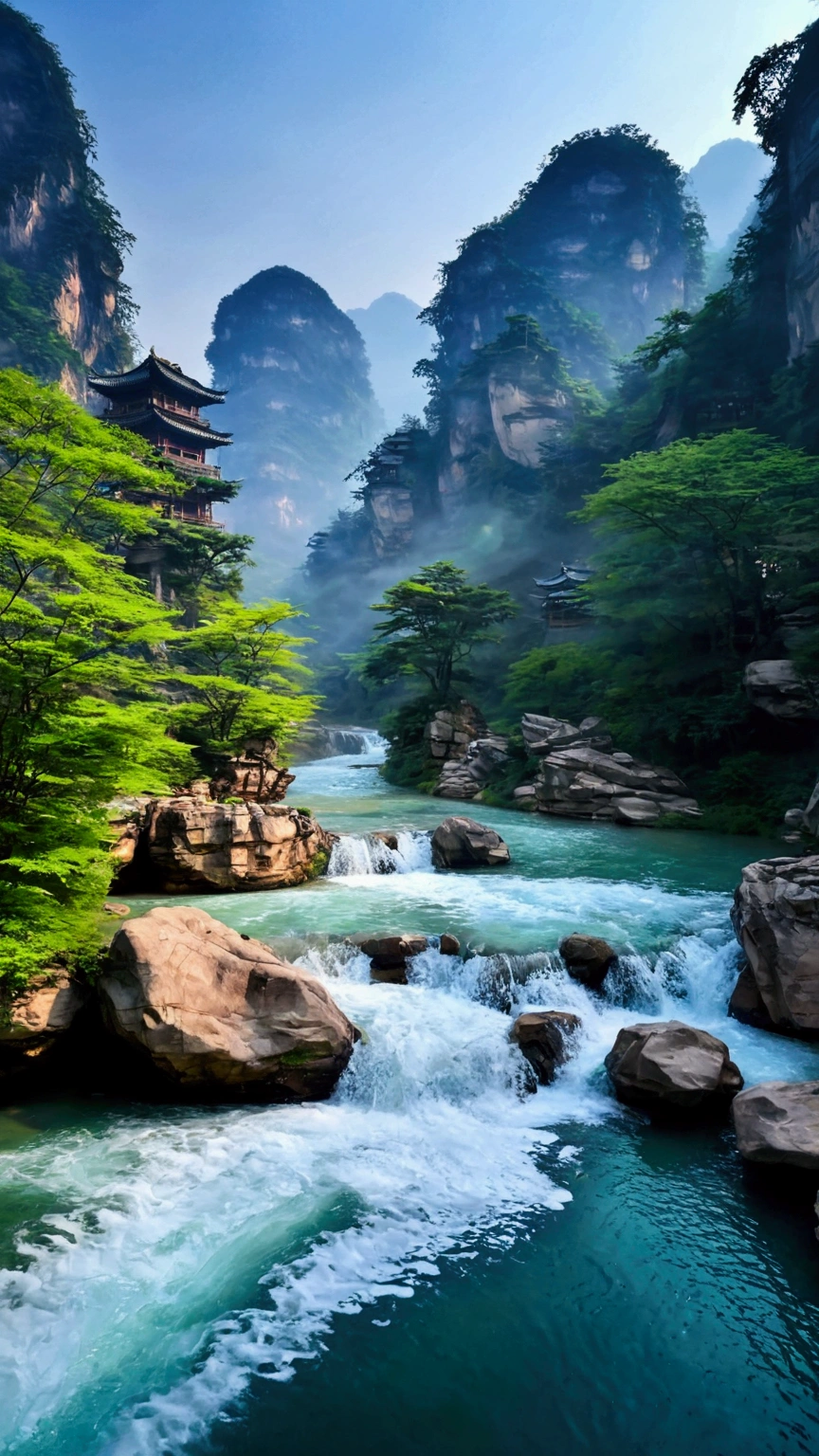 The stream is flowing,The stream is clear,Like Zhangjiajie Mountain,The mountains are cloudy,Real and natural,Real photography