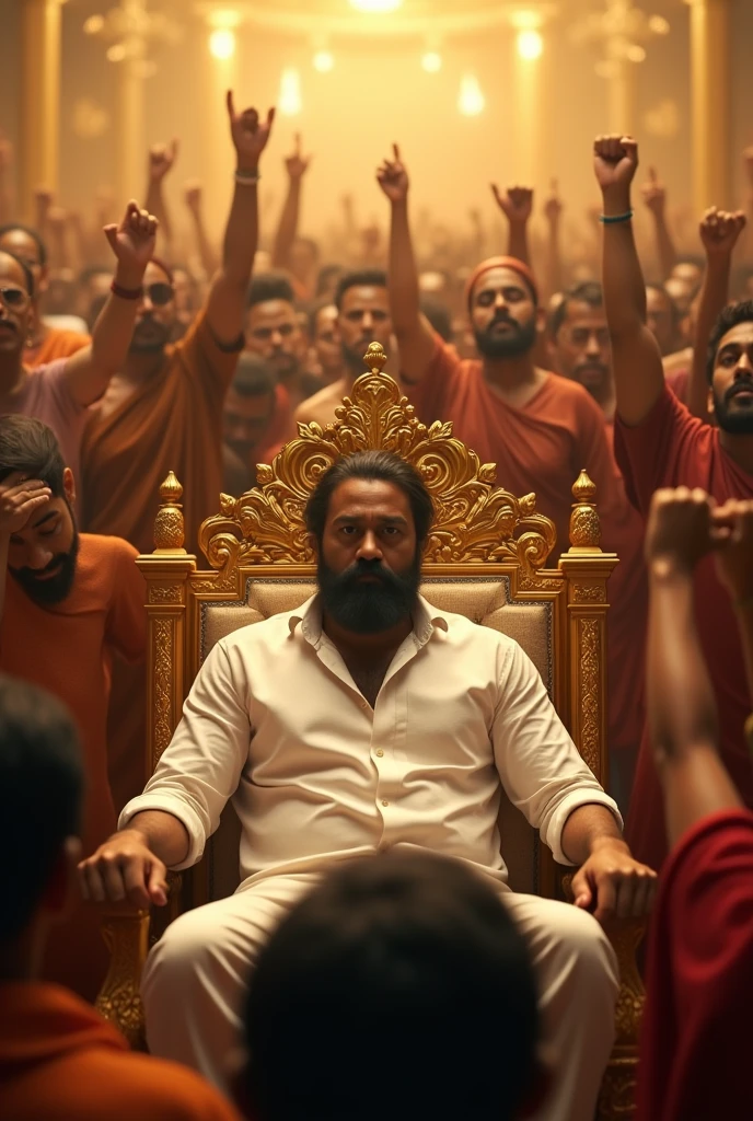 A man with dark hair and beard sitting in king golden chair wearing white shirt backround tamilnadu men crowd hand rising and cheering  dramatic background golden shade
