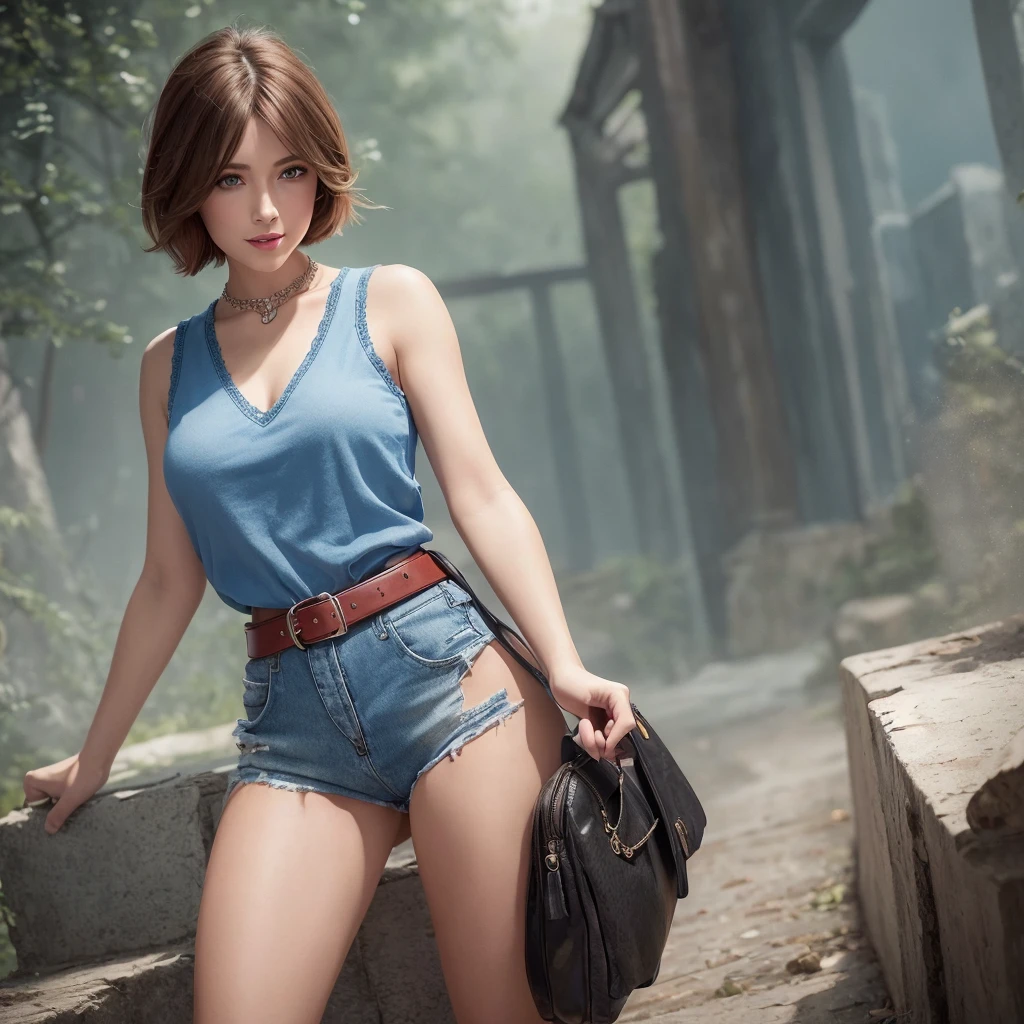 High quality, masterpiece, detailed illustration style, realistic, simple background, dynamic pose, 1 female, solo, short hair, makeup, blue topaz eyes, glossy red lips, (smiling with mouth closed),, skinny t-shirt with detailed pattern, sleeveless, loose shorts, v-neck, belt, necklace, high heels,