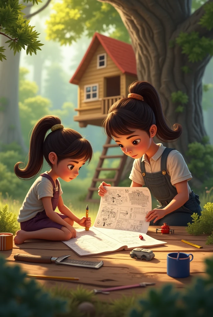 Learning from Mistakes:

Prompt: "The girl studying a blueprint or instruction manual, with a focused expression. Around her are the tools and the partially constructed treehouse. A supportive adult or friend might be giving advice, with a warm and encouraging atmosphere.