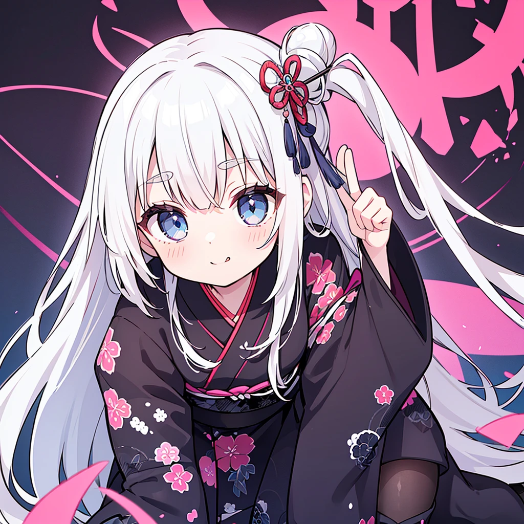 Tabletop, Highest quality, (Perfect Face:1.1), (Attention to detail:1.1), (Ultra-detailed eyes), dramatic, Ultra-thin illustration, Very detailed, One Girl, (Pale skin), (Long white hair), Psychic Eyes, ((blue eyes)),puppet, (Thin eyebrows),blush,alone, smile, Open your mouth,Pouting,Cinema Lighting, View your viewers, Upper Body,Simple Background,(Black and pink theme:1.2), (Gothic&Data Design:1.5), (Japanese kimono and Japanese layered kimono dress:1.3), (Long sleeve; 1.2),
break (Lacy black pantyhose:1.2), (Lace-up long boots:1.2)