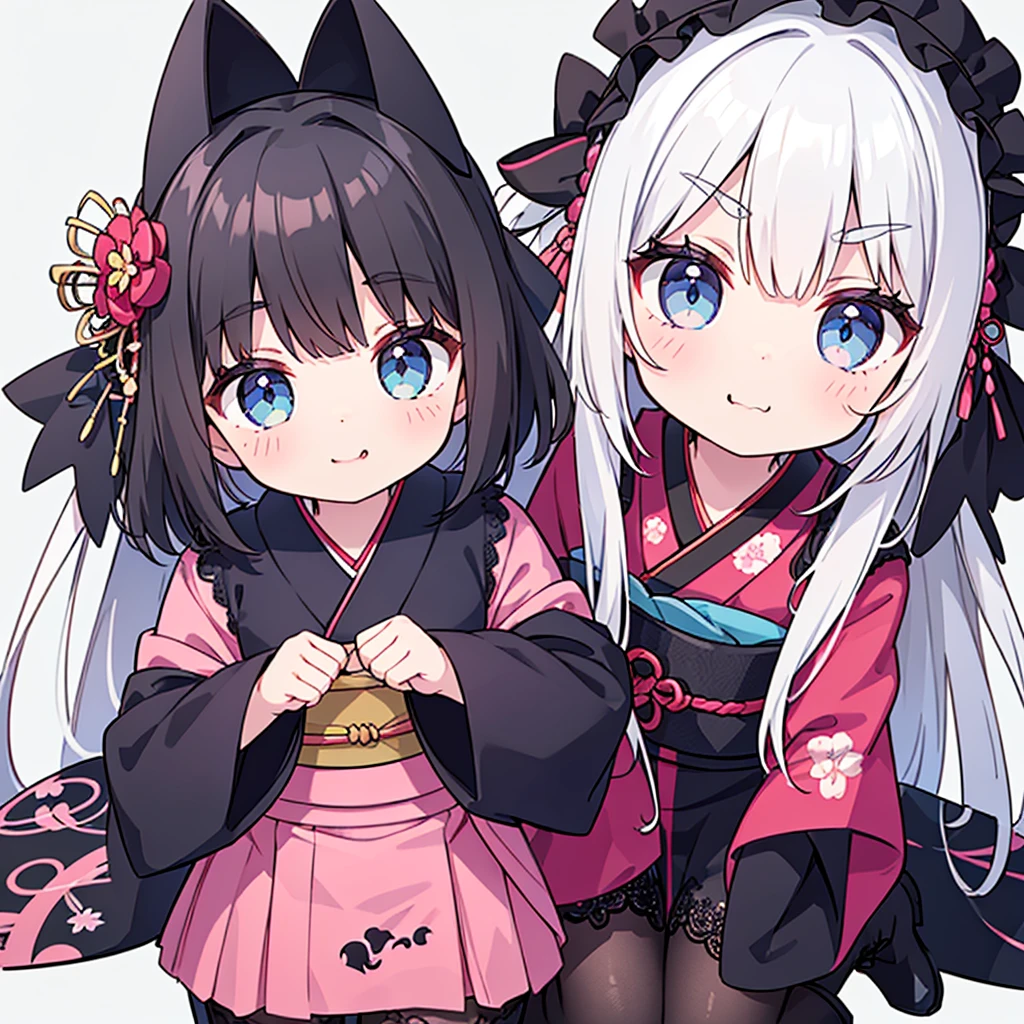 Tabletop, Highest quality, (Perfect Face:1.1), (Attention to detail:1.1), (Ultra-detailed eyes), dramatic, Ultra-thin illustration, Very detailed, One Girl, (Pale skin), (Long white hair), Psychic Eyes, ((blue eyes)),puppet, (Thin eyebrows),blush,alone, smile, Open your mouth,Pouting,Cinema Lighting, View your viewers, Upper Body,Simple Background,(Black and pink theme:1.2), (Gothic&Data Design:1.5), (Japanese kimono and Japanese layered kimono dress:1.3), (Long sleeve; 1.2),
break (Lacy black pantyhose:1.2), (Lace-up long boots:1.2)
