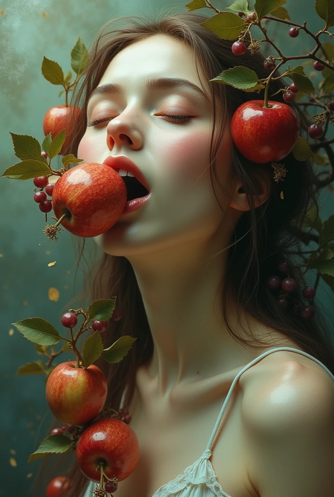 Create a woman by making apples and grapes come out of her mouth