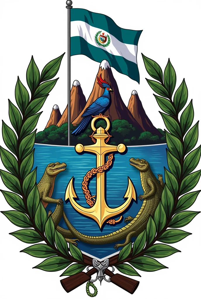 Coat of Arms of the Guatemalan Marine Corps, with a quetzal, An anchor, The flag of Guatemala, three volcanoes, laurels, two sabers, a coast guard, An alligator and two crossed rifles
