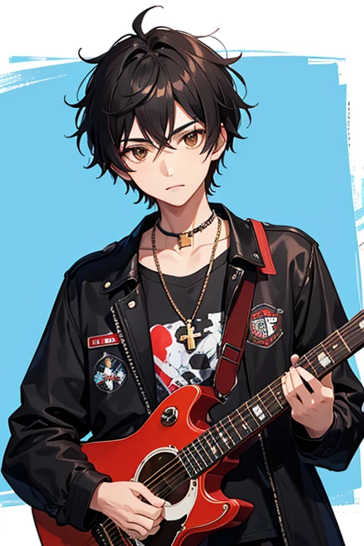 16 year old boy, messy black hair, brown eyes, black jacket, red shirt with guitar print, blue jeans, slim build, black belt, necklace with gold cross, looking directly at viewer, white background.