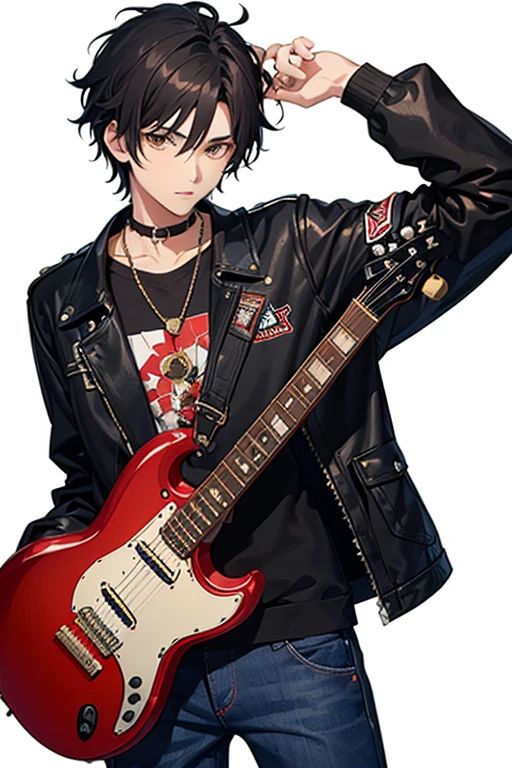  boy, messy black hair, brown eyes, black jacket, red shirt with guitar print, blue jeans, slim build, black belt, necklace with gold cross, looking directly at viewer, white background.