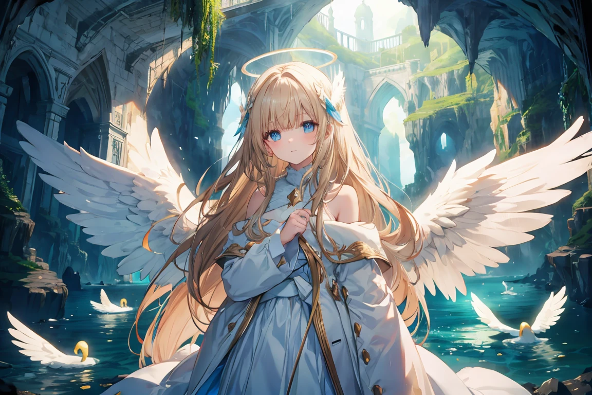 brown long hair, straight hair, bangs, halo, perfect eyes, soft light, high quality, 4k resolution, ((angel)), ((An angel with wings on her back)), an angel descending from the sky, feathers scattered in the background, light shining, swan wings, swan feathers, blue cave in Italy, Blue Grotto (Capri)