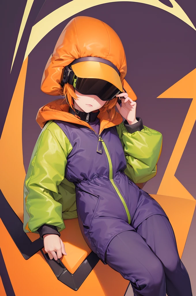 full body image, (ultra detailed,ultra high resolution,detailed background),((2d)),((flat color)),((dull color)), 1SOLO, looking at the viewer, baggy flight suit, oversized bomber jacket with sheepskin collar, (yellow, violet, cian, green, orange:1.3), plush collar, full body image, use VR glasses, ((Baron&#39;s Desert Intricut Fund)), ((apocalyptic city)), full body in frame, ((drone next to her:1.4))