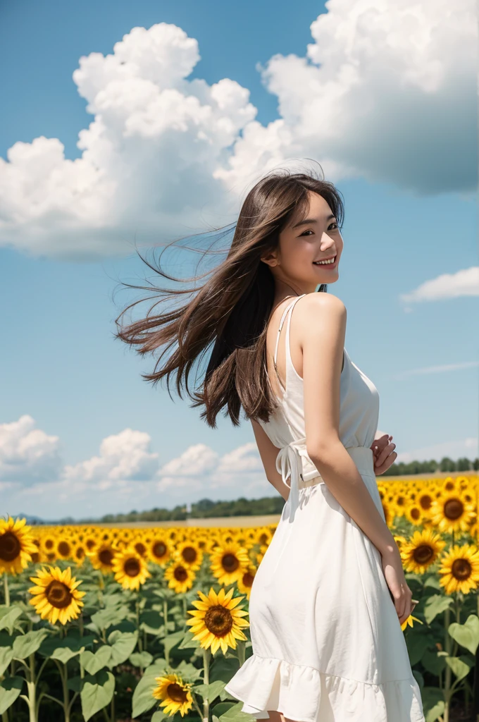 Create a detailed and realistic photo of a young girl standing in a field of sunflowers. She is wearing a white outfit and is holding a large sunflower in her hands. The background features a bright, sunny sky with scattered clouds. The scene is filled with vibrant, fully-bloomed sunflowers surrounding the girl, giving a warm and inviting atmosphere. The overall mood is peaceful and cheerful, with the girl smiling gently, her hair softly flowing in the breeze. The photo  should have a natural lighting.
