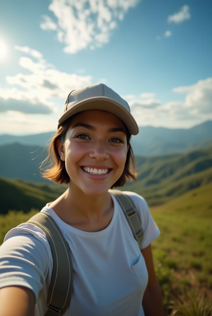 Beautiful latina woman with baseball cap and t-shirt (taking a selfie with her cell phone in a great landscape), Highly Detailed, 25 years old, innocent face, short natural hair, High Resolution, Masterpiece, Best Quality, Intricate Details, Highly Detailed, Sharp Focus, Detailed Skin, Realistic Skin Texture, Detailed Eyes, Professional, 4k, Charming Smile, Shot on Canon, 85mm, Depth of Field, Kodak Vision Color, Perfect Fit Body, Extremely Detailed, Photo_(ultra\), photoRealistic, Realistic, Post Processing, Maximum Detail, Roughness, Real Life, Ultra Realistic, photorealism, photography, 8k hd, photography Hyper Realistic image with a lens aperture of 1.4 at a focal length of 50mm.