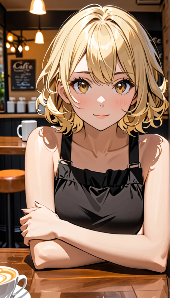 Beautiful and blond, short wavy hair, cafe, wearing black, free arms, looking sitting across the viewer , intrested