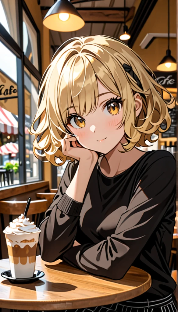 Beautiful and blond, short wavy hair, cafe, wearing black, free arms, looking sitting across the viewer , intrested