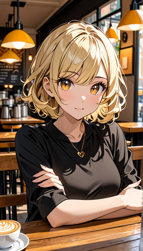 Beautiful and blond, short wavy hair, cafe, wearing black, free arms, looking sitting across the viewer , intrested