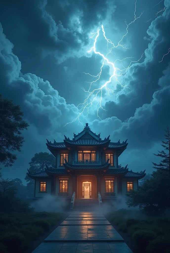 A Vision in the Sky,Unpredictable,Thunder and lightning,A stormy night,A bird's-eye view of the exterior of a wealthy Chinese-style ancient house,unmanned,Movie quality,Movie storyboard,8k,Ultra-clear