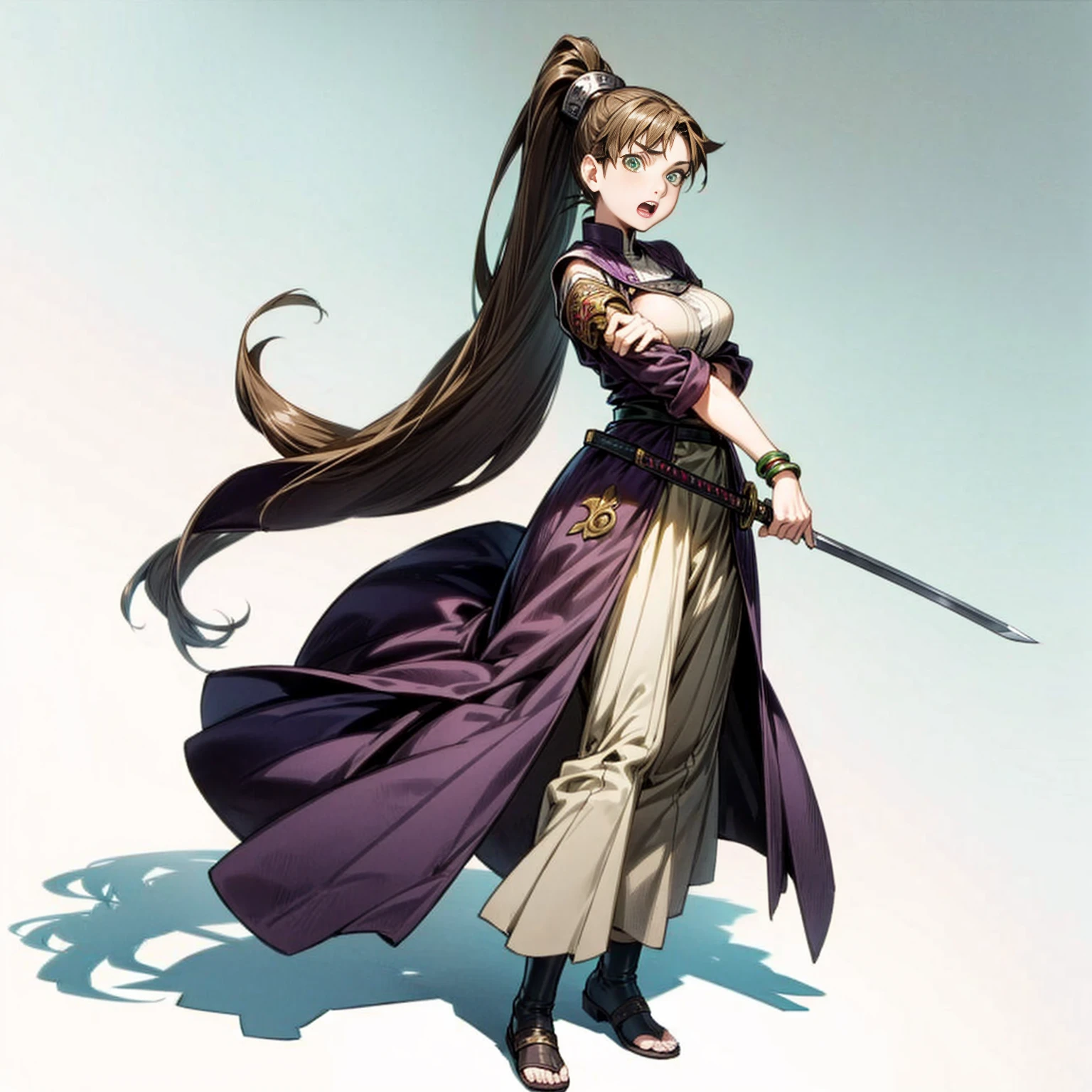 Solo character, full body version, young girl, very long hair, ponytail, brown color hair, green eyes, medieval, bohemian outfit, shoes, bracelet, full white background, standing gesture, open mouth, detailed shadow, very big breast, sword in hand, (Naruto style art, violet Evergrande style art)