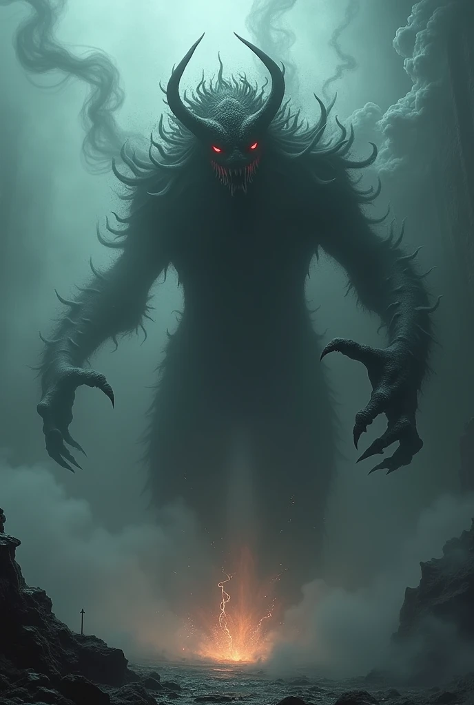 Being with a body of smoke, basilisk mouth, red eyes and sharp claws, 250 centimeters tall 