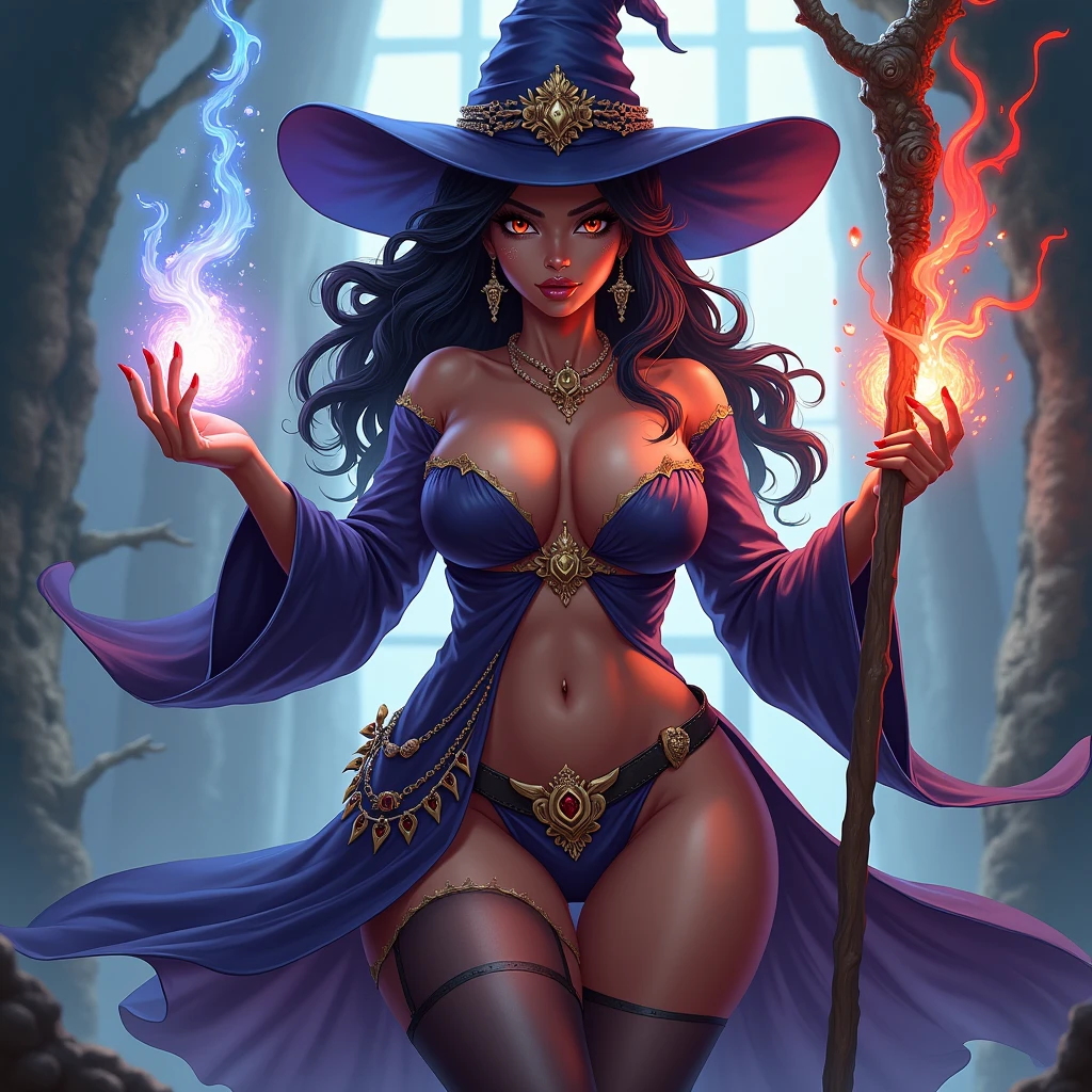 Sorcerer, female, dark skinned, holding staff, casting magic, thick thighs, wide hips, large chest, revealing witch outfit, big witch hat, thigh highs, anime style