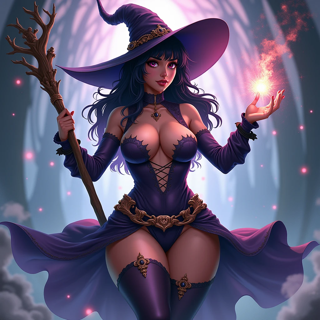 Sorcerer, female, dark skinned, holding staff, casting magic, thick thighs, wide hips, large chest, revealing witch outfit, big witch hat, thigh highs, anime style