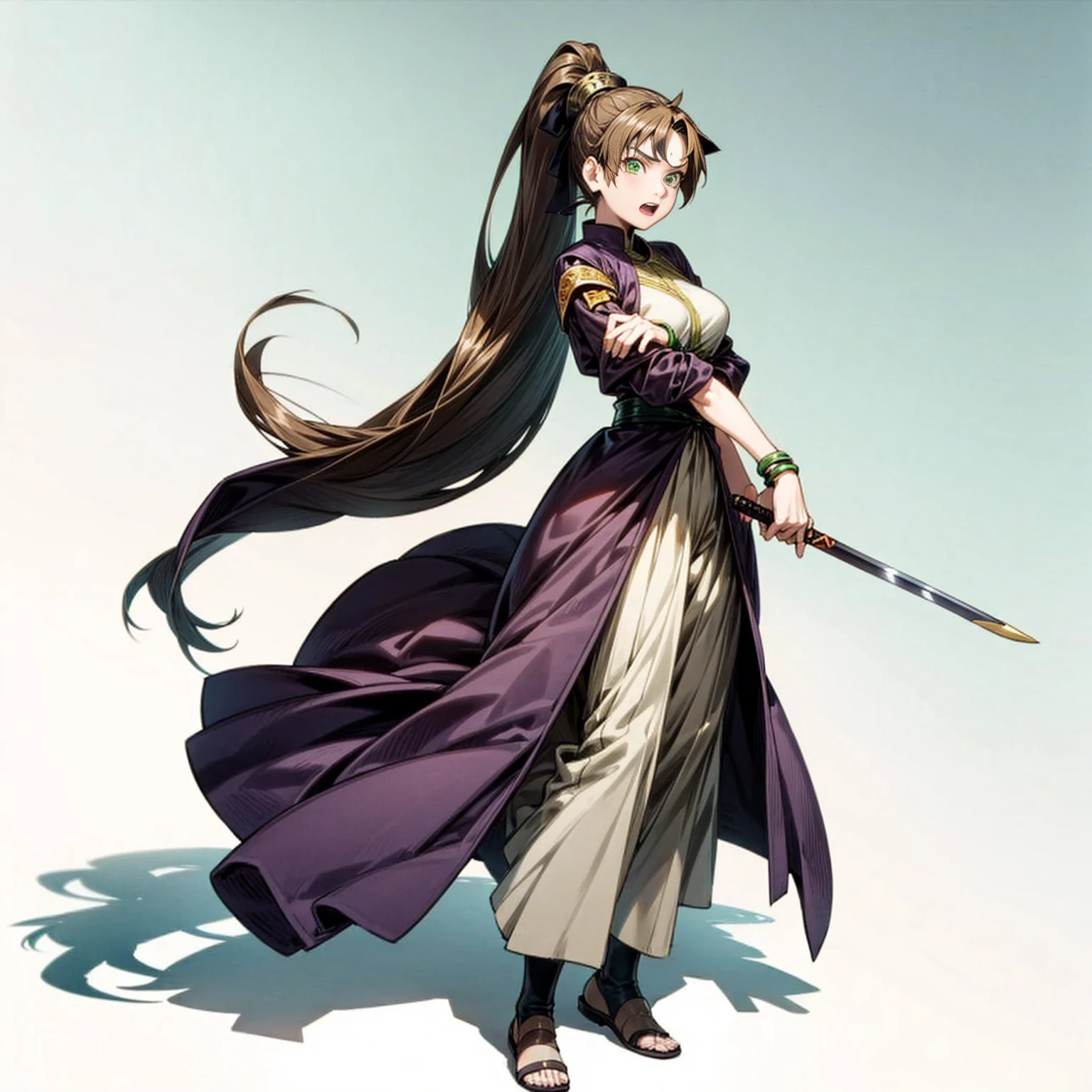 Solo character, full body version, young girl, very long hair, ponytail, brown color hair, green eyes, medieval, bohemian outfit, shoes, bracelet, full white background, standing gesture, open mouth, detailed shadow, very big breast, sword in hand, (Naruto style art, violet Evergrande style art)