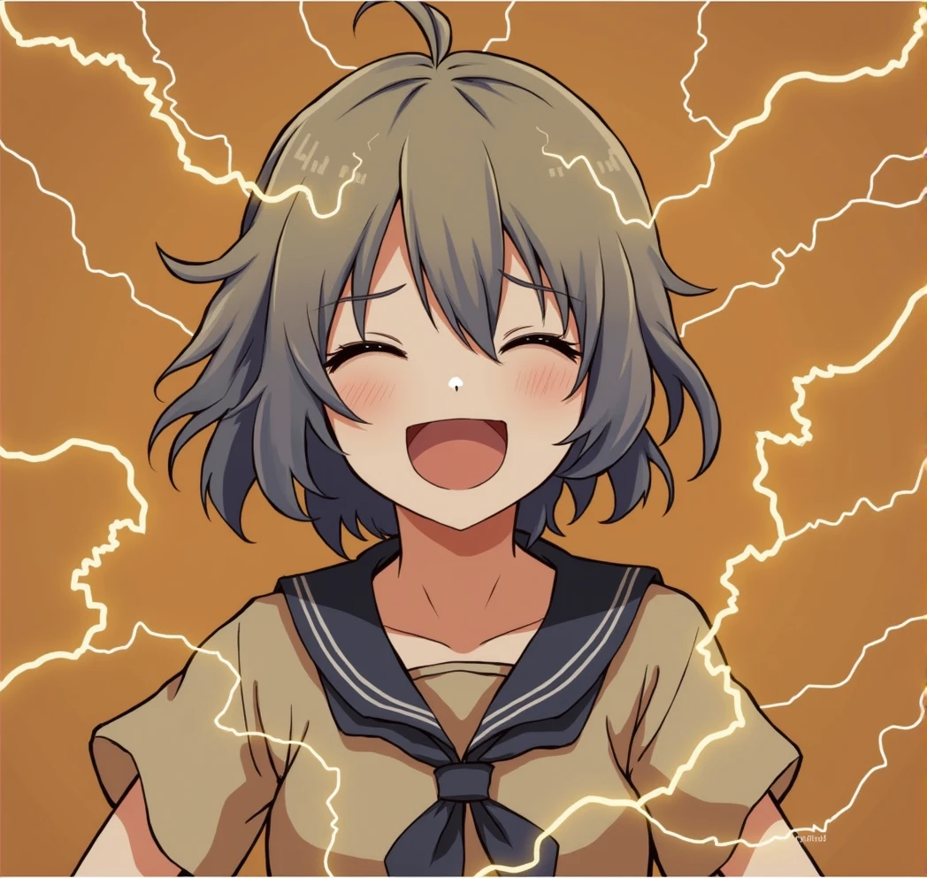 Thunder and lightning, Purple Hair, Close your eyes, A girl laughs, open mouth, Orange background, portrait