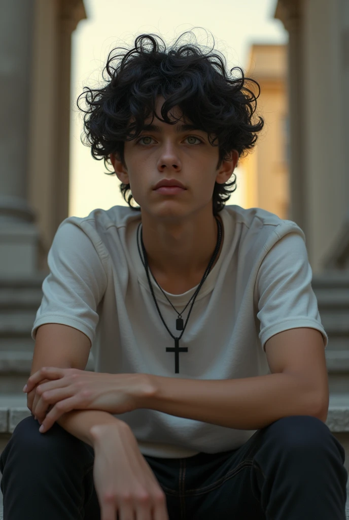 (Mainairreal style photo ) Make a boy sitting on a staircase at the entrance of a school (the blurred background) with the arm crossed over one leg, with black curly hair, green eyes and smiling with fun watching the landscape wearing casual clothes and a black cross necklace looking at the horizon. That he looks seventeen years old and that he looks serious, and attractive, In an academy