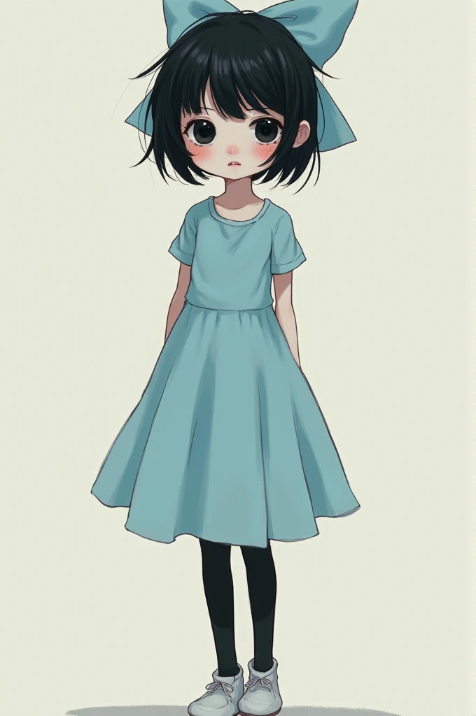 Appearance: Pale skin, big tired black eyes with lower eyelashes longer than the upper ones that give a unique touch to her eyes, her iris is large, upturned nose, thin face, light pink fill lips, light pink cheeks, very short messy black hair with long bangs, innocent look, thin body, wears a sky blue dress with black stockings, white shoes and a sky blue bow in her hair