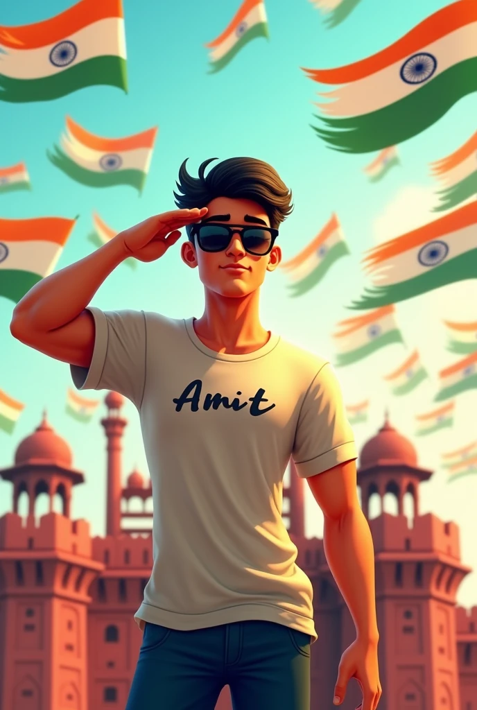 Make a 19 year's handsome  stylish  animated 
Men  character who's name is Amit" and he celebrate independence day in red fort and  he salute to indian flag  write  the name Amit,, on his t shirt and he wear a a sun glass and salute to indian flag and many  indian flag fly around back