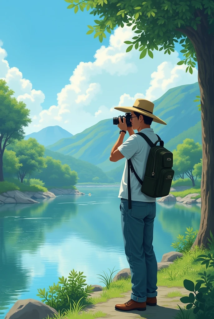 A Japanese man with a Sony SLR camera　landscape　Riverside　hat　Animated　Landscape
