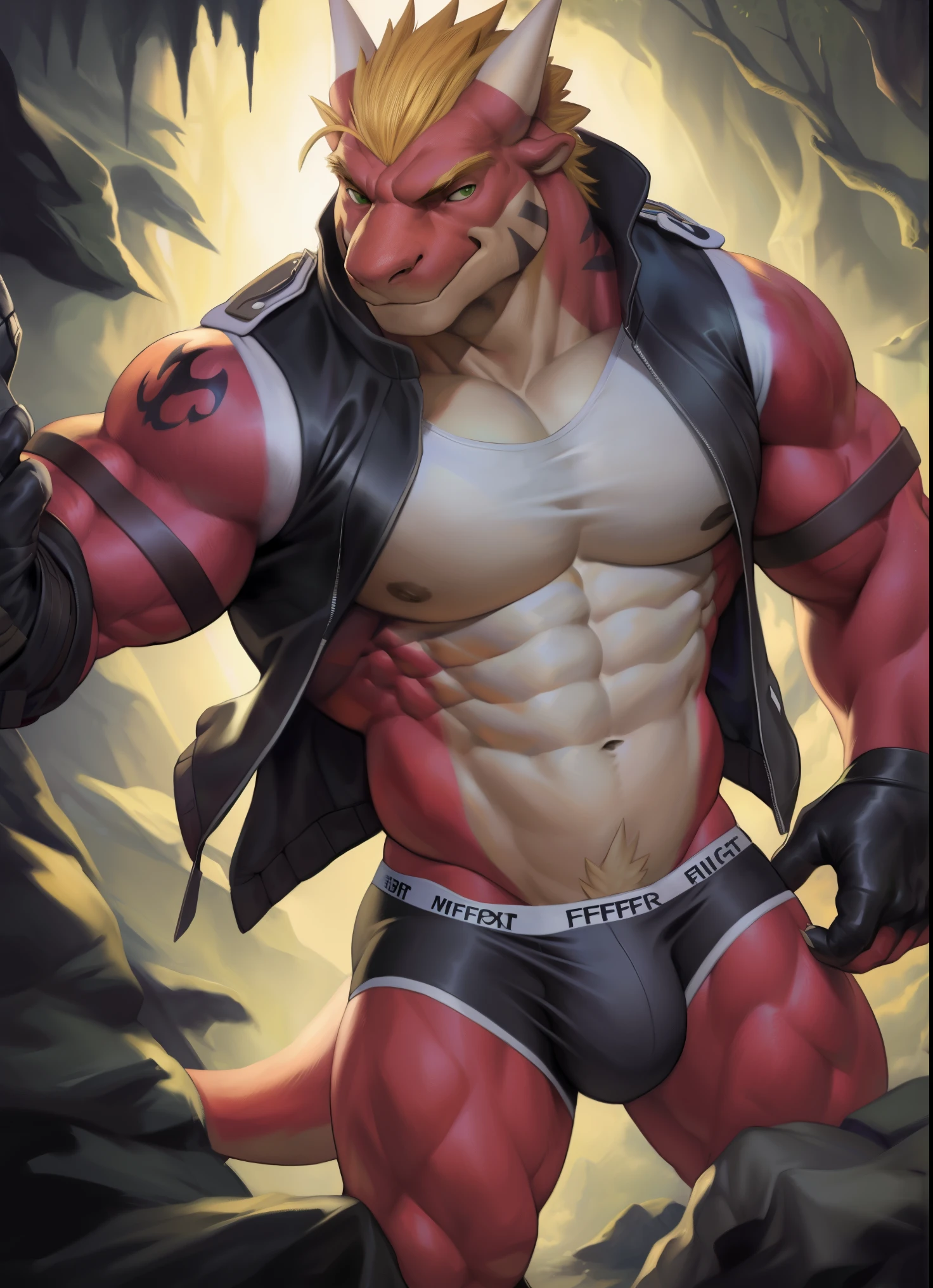 (Delga):1.4, Cloth, Male, Cloth, Muscular, Muscular anthro, jacket, shirt, glove, green eyes, Muscular Male, red body, Looking at the viewer, underwear, Tatu, White vest, blonde hair, detailed information, photorealistic, realistic hands, 8к HD, extreme detail, (dark shadows, Wide dynamic range, HDR, muffled light:1.2), (Pinot Daeni, (local), (by fffffolder) )