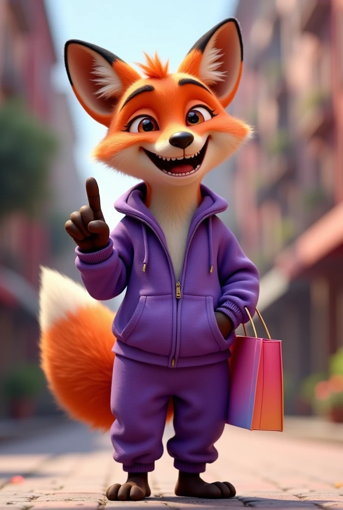 A disney pixar 4d style fox standing wearing a stylish purple tracksuit happily standing with a wide smile and mouth open looking happy with finger pointing to the left sporting a cool shopping bag with vibrant colors