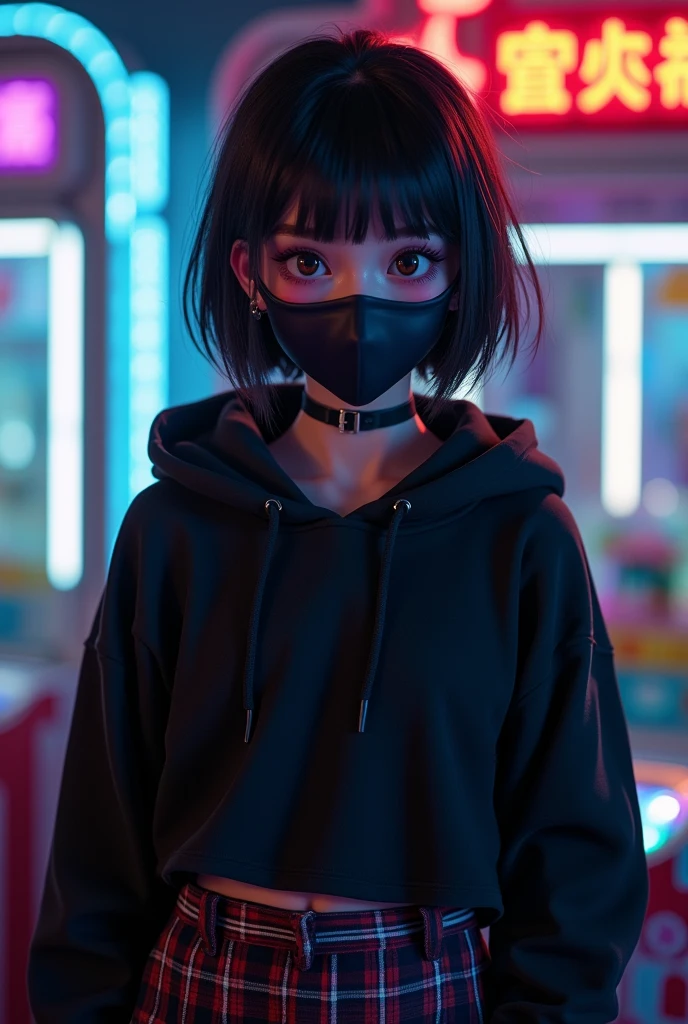 Cinema Lighting、(Key Light:Front 45 degree angle, Subsidy light、Faint backlight、Shadow), Accurate human body、Someone knowledgeable、Correct five-finger、RAW Photos、 4K - ultra-vivid、Highest quality, masterpiece, Ultra-high resolution, (reality: 1.4),
(((Oilskin,Glowing Skin、Realistic skin texture、Beautiful skin in every detail、Glowing Skin、Glowing Skin)))、
Upper Body Shot, Low camera angle, Written boundary depth, Focus on the center, Beautiful Eyes, Perfect face and eyes、
At amusement facilities, game machine, game machine,
, Short bob black hair, Early teens, Black hoodie with pockets, Checked mini skirt, Purple collar, Black face mask, Earrings,
Big Breasts, thin, Are standing , mischief,
zettai ryouiki, An absurd solution, Absurd details, Highest quality, (((Big Breasts))), Grab your chest、shake、(Moving lines, Motion Blur), (((Lightweight off-the-shoulder sweater)))、White skin、(((Female dog、Sexy bitch、Super heavy makeup,ga yaru makeup)))、Full Shot, (Vetchlip)
